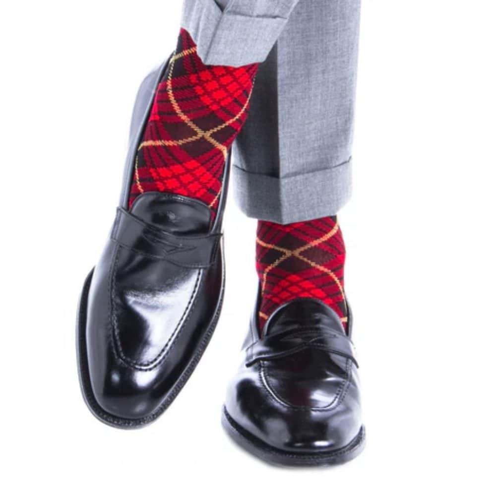 Finn Tartan Plaid Over The Calf Mercerized Cotton Socks - Red/Black/Yolk Tartan Plaid