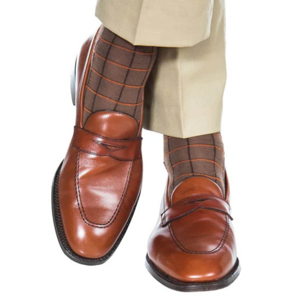 Oscar Windowpane Merino Wool Mid-Calf Socks - Brown with Orange and Dark Brown