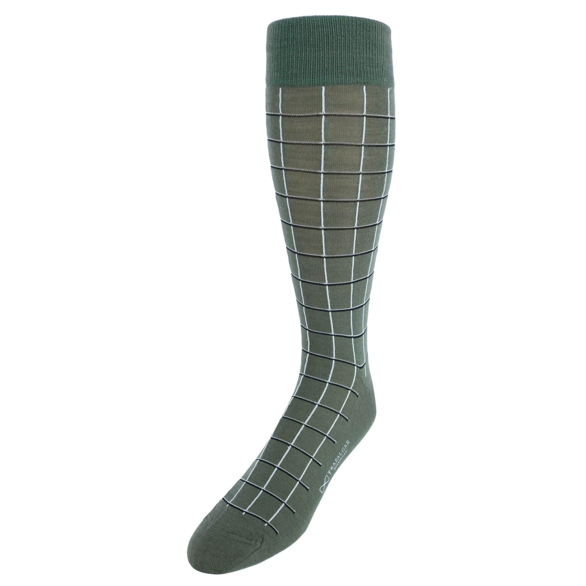 Oscar Windowpane Merino Wool Mid-Calf Socks - Green with Black and Cream