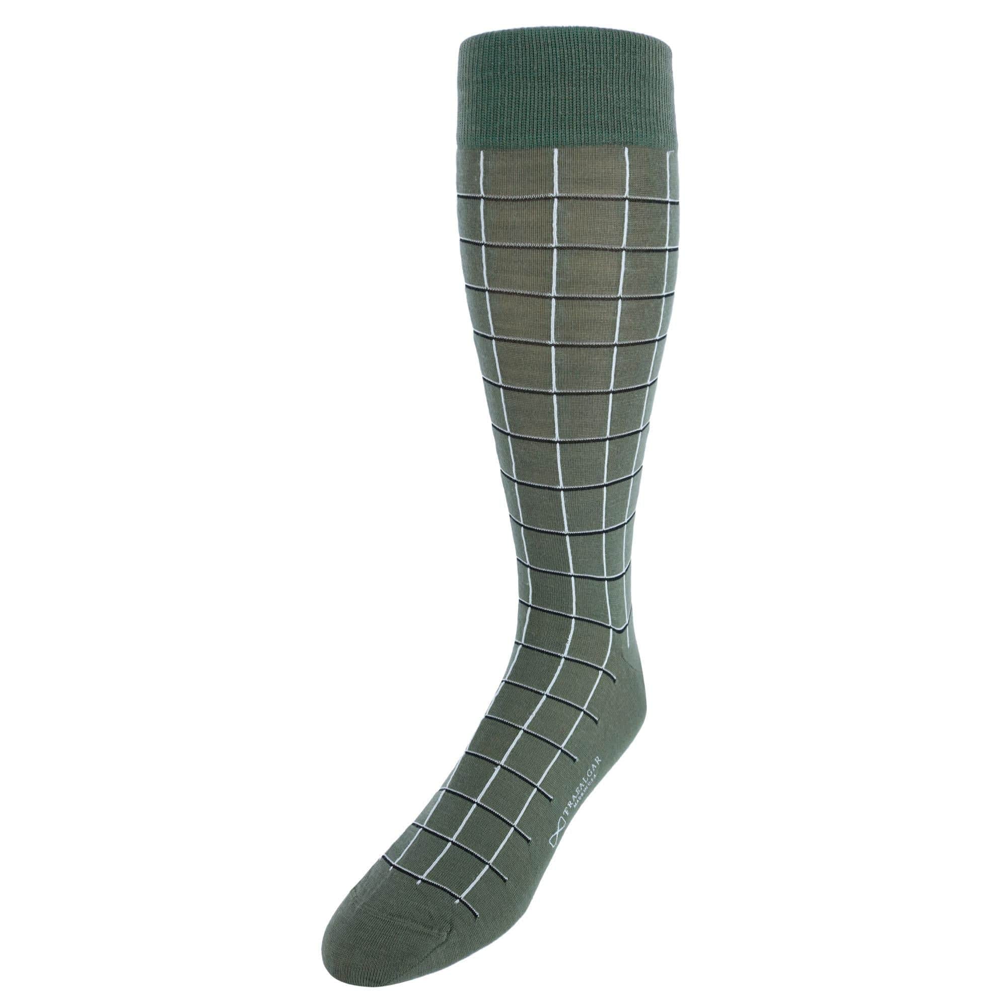 Oscar Windowpane Merino Wool Mid-Calf Socks - Green with Black and Cream