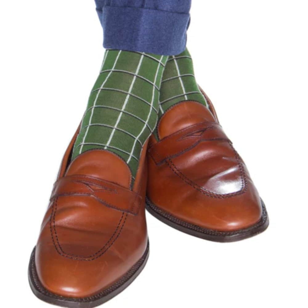 Oscar Windowpane Merino Wool Mid-Calf Socks - Green with Black and Cream