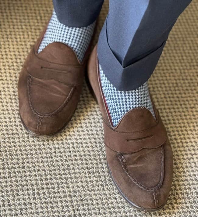 Charlie Over The Calf Houndstooth Merino Wool Socks - Navy and Light Blue