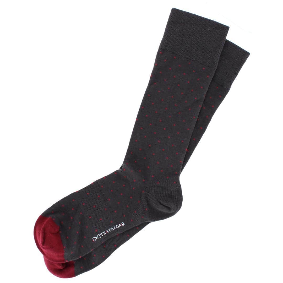 Pierre Polka Dot Mid-Calf Pima Cotton Socks (1 Pair) - Charcoal with Red Dots