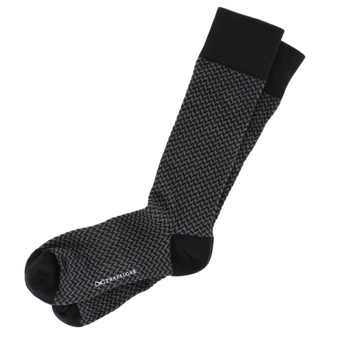 Holden Herringbone Mid-Calf Pima Cotton Socks (1 Pair) - Black and Charcoal Herringbone