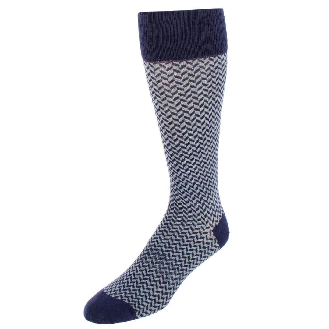 Holden Herringbone Mid-Calf Pima Cotton Socks (1 Pair) - Navy Blue and Grey Herrinbone