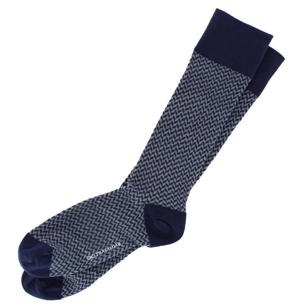 Holden Herringbone Mid-Calf Pima Cotton Socks (1 Pair) - Navy Blue and Grey Herrinbone