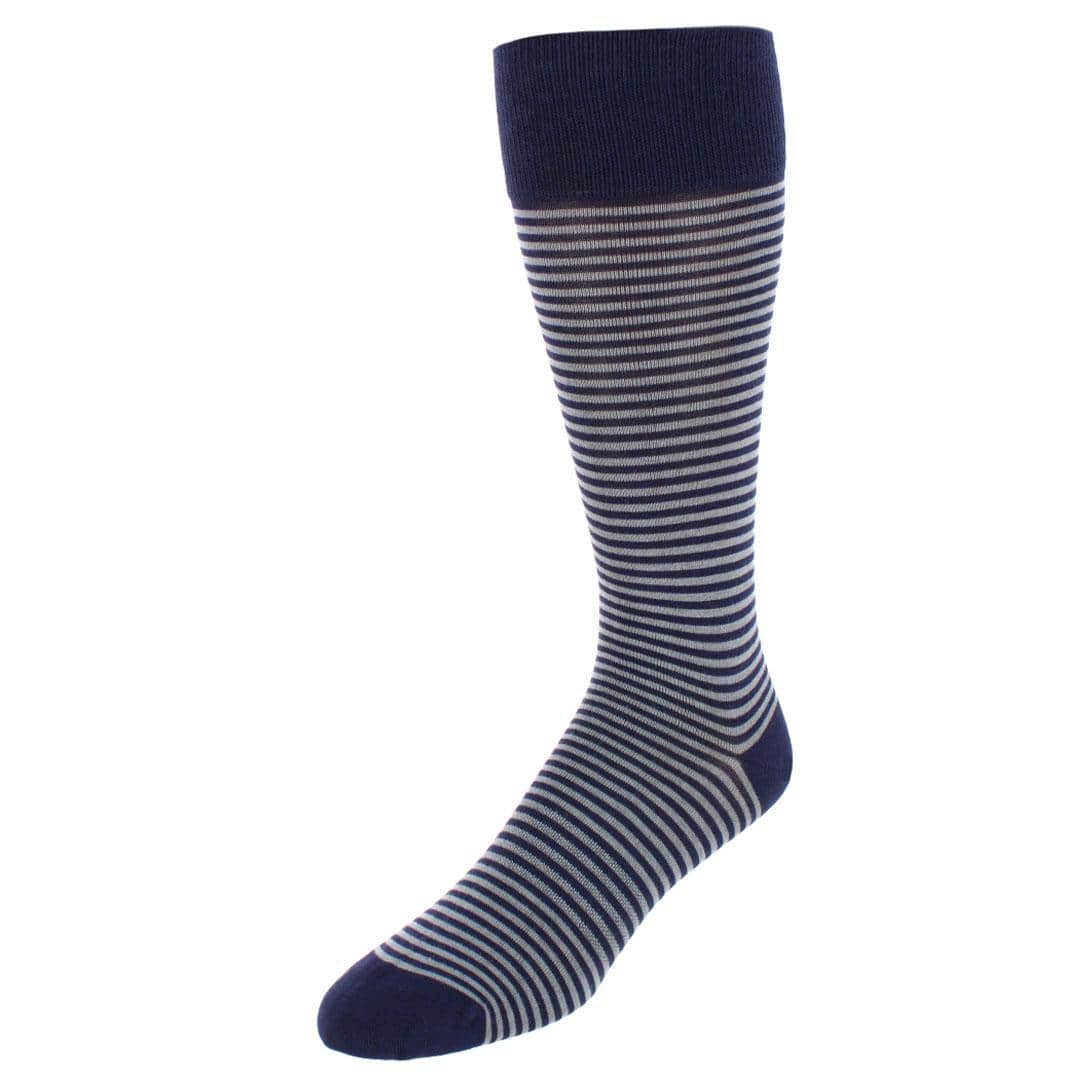 Carvel Striped Pattern Mid-Calf Pima Cotton Socks (1 Pair) - Navy Blue and Grey Stripes