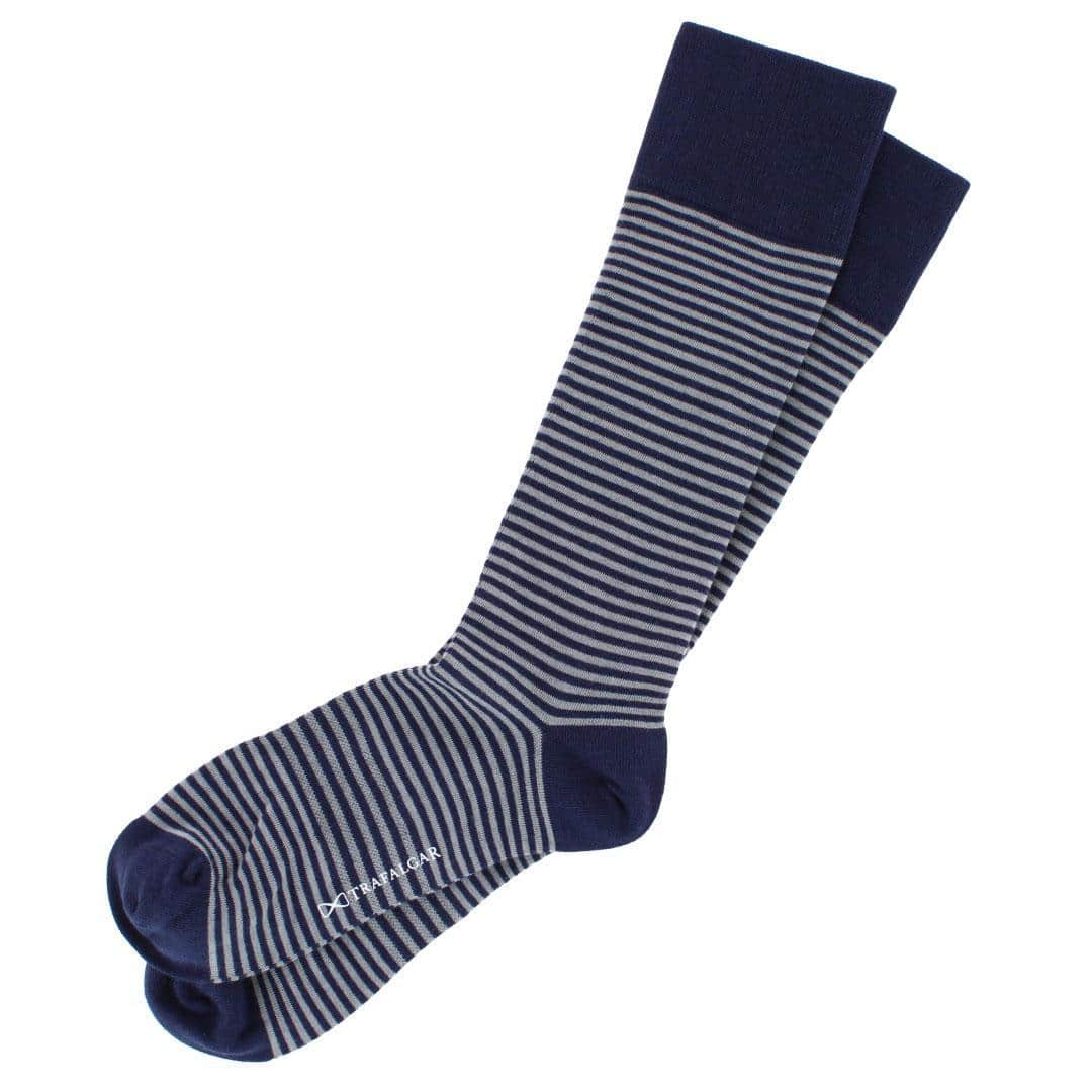 Carvel Striped Pattern Mid-Calf Pima Cotton Socks (1 Pair) - Navy Blue and Grey Stripes