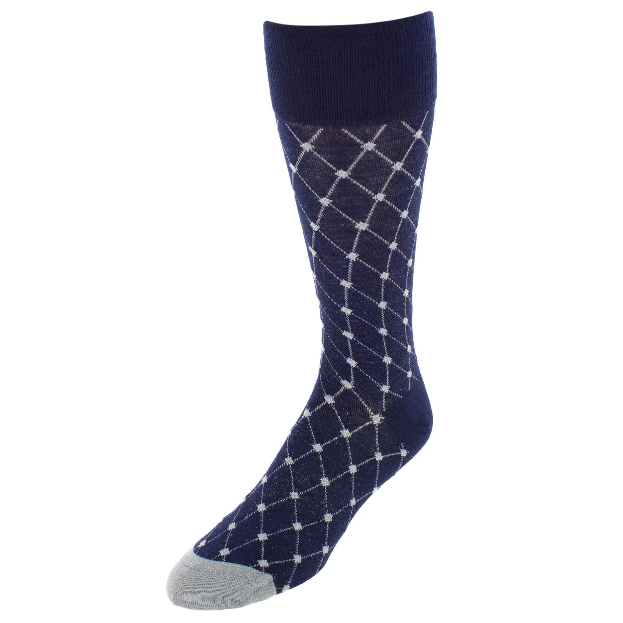 Ciel Diamon Patterned Mid-Calf Merino Wool Socks (1 Pair) - Navy Blue and Grey