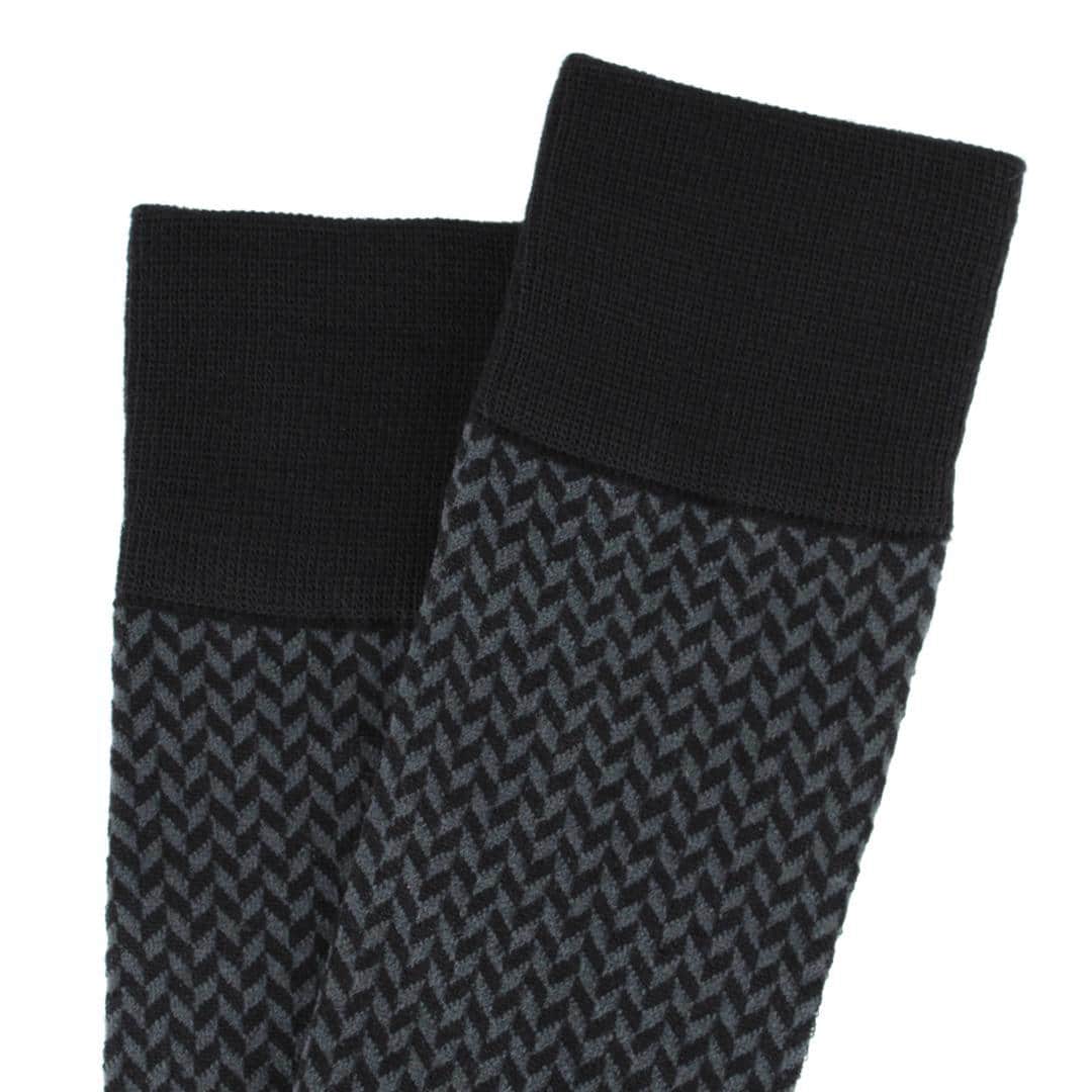 Benoit Herringbone Patterned Mid-Calf Merino Wool Socks (1 Pair) - Black And Charcoal