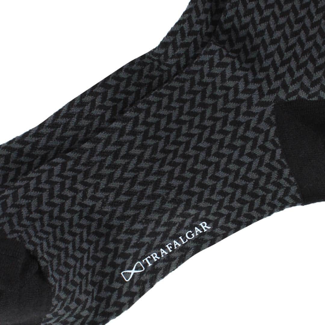 Benoit Herringbone Patterned Mid-Calf Merino Wool Socks (1 Pair) - Black And Charcoal