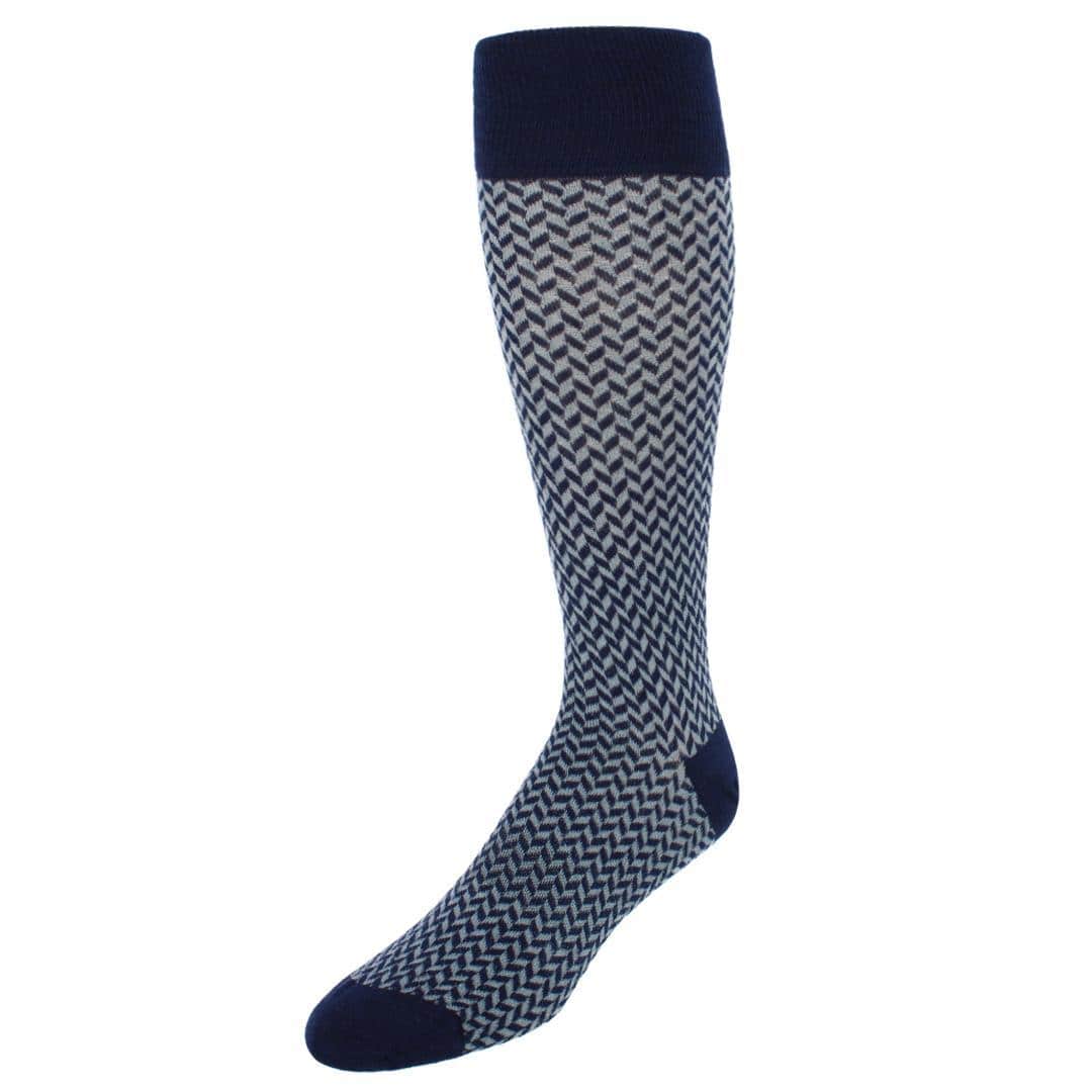 Benoit Herringbone Patterned Mid-Calf Merino Wool Socks (1 Pair) - Navy Blue and Grey