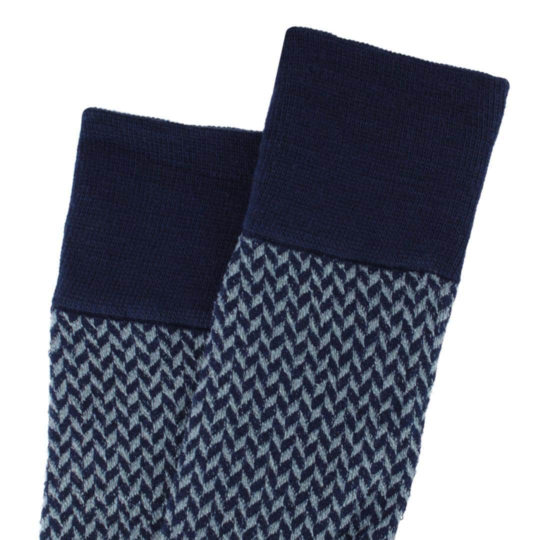 Benoit Herringbone Patterned Mid-Calf Merino Wool Socks (1 Pair) - Navy Blue and Grey