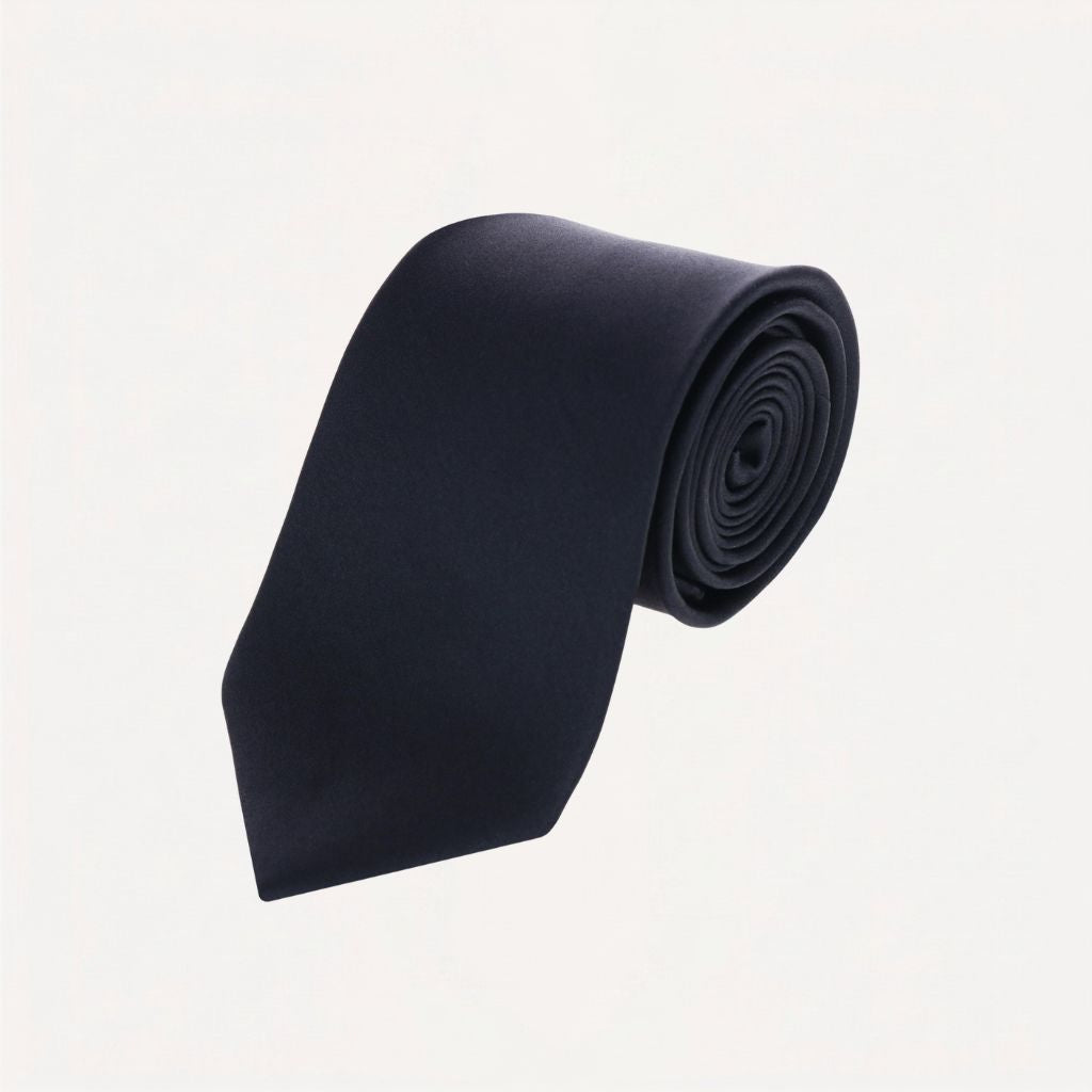 A dark navy blue necktie, rolled and laid flat against a clean, off-white background.